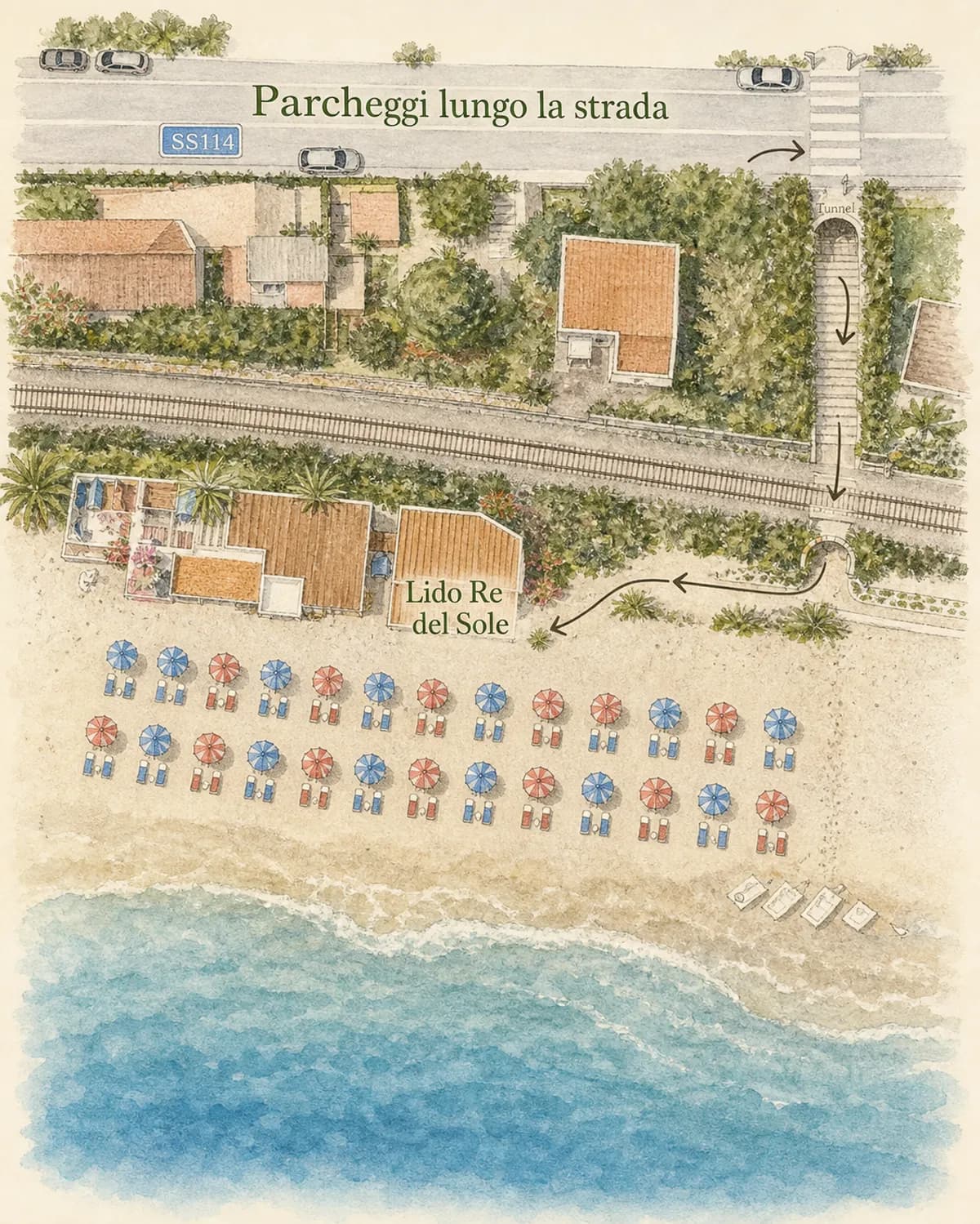 Cartina illustrata del lido: la SS114 con i parcheggi lungo la strada, la scala nel tunnel sotto la ferrovia, gli edifici del Lido Re del Sole sulla sabbia e le file di ombrelloni blu e rossi fino alla battigia